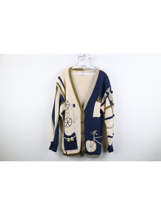 Vintage Sweaters - Vintage 80s Womens Medium Bicycle Cycling All Over Print Knit Cardigan Sweater